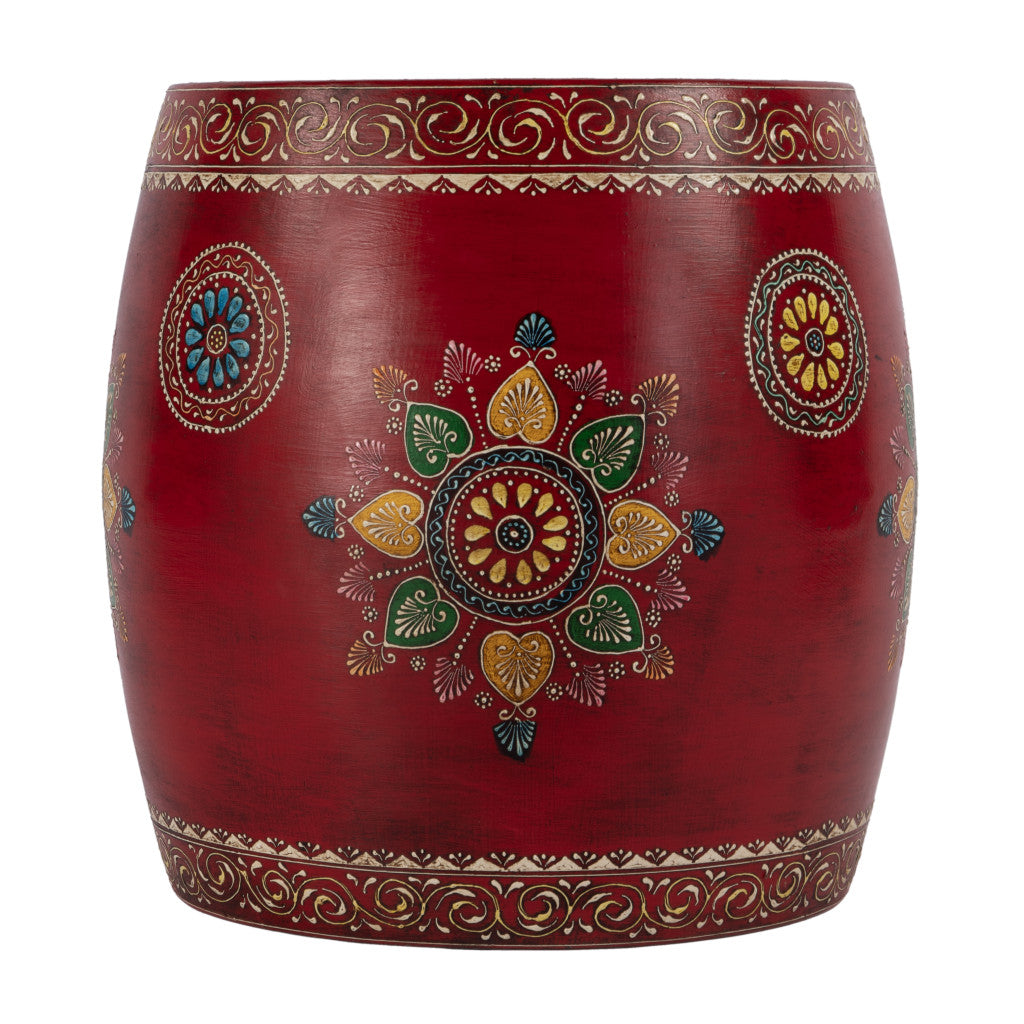 18" Red Iron Hand Painted Floral Round Drum End Table