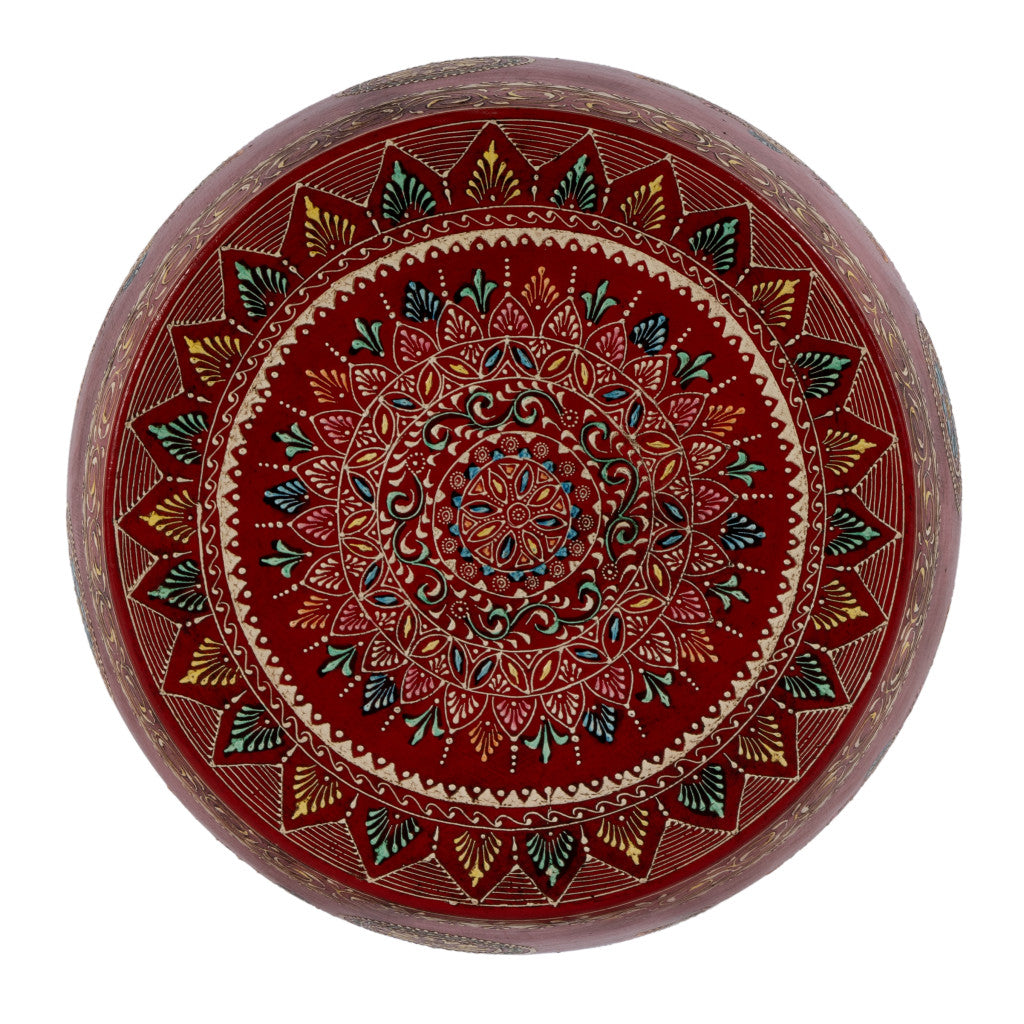 18" Red Iron Hand Painted Floral Round Drum End Table