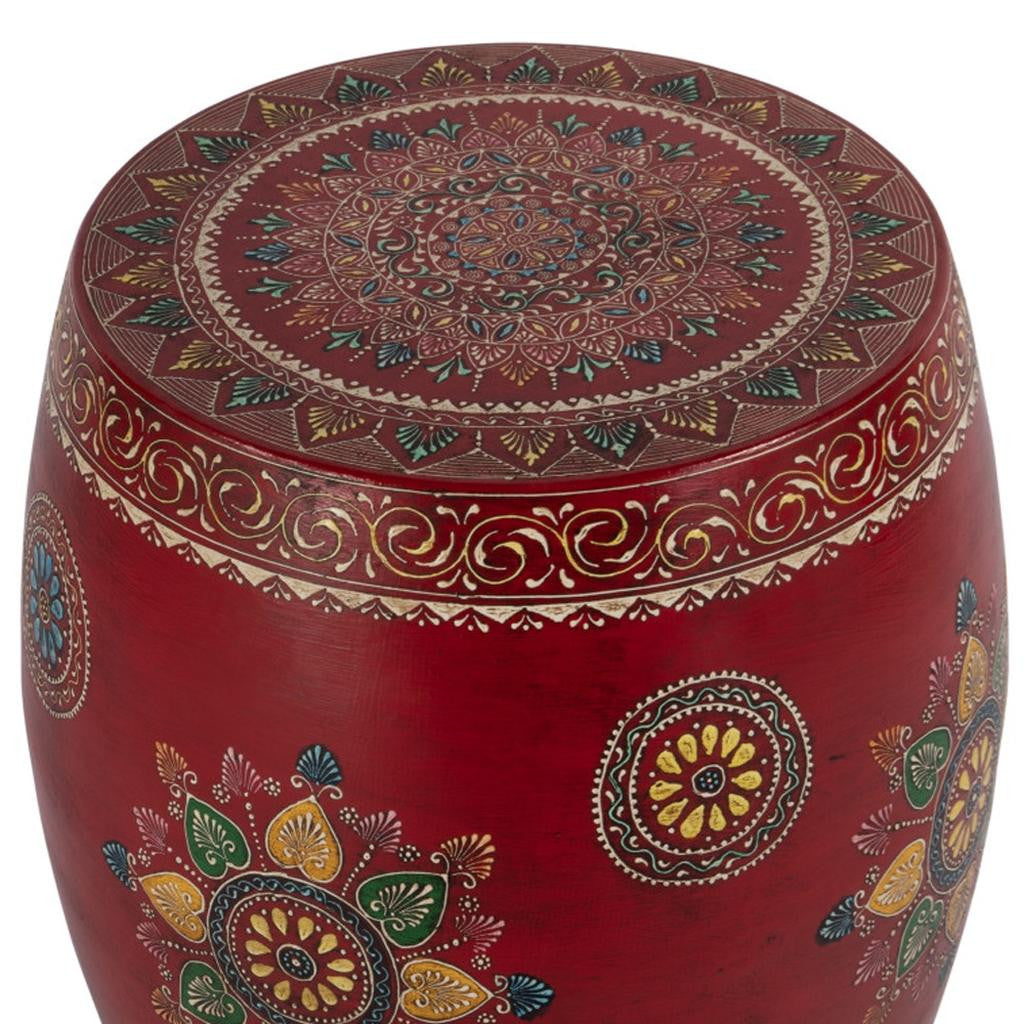 18" Red Iron Hand Painted Floral Round Drum End Table