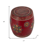 18" Red Iron Hand Painted Floral Round Drum End Table