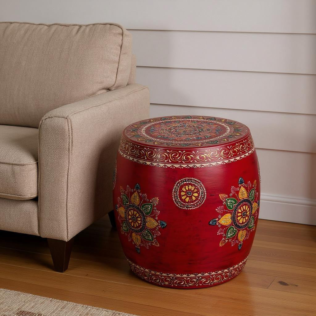 18" Red Iron Hand Painted Floral Round Drum End Table