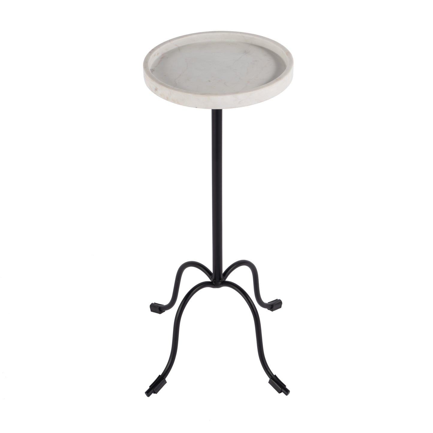 25" White and Black Marble and Iron Round Pedestal End Table