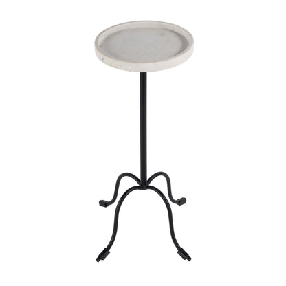 25" White and Black Marble and Iron Round Pedestal End Table