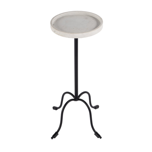 25" White and Black Marble and Iron Round Pedestal End Table