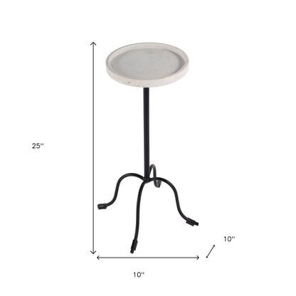 25" White and Black Marble and Iron Round Pedestal End Table