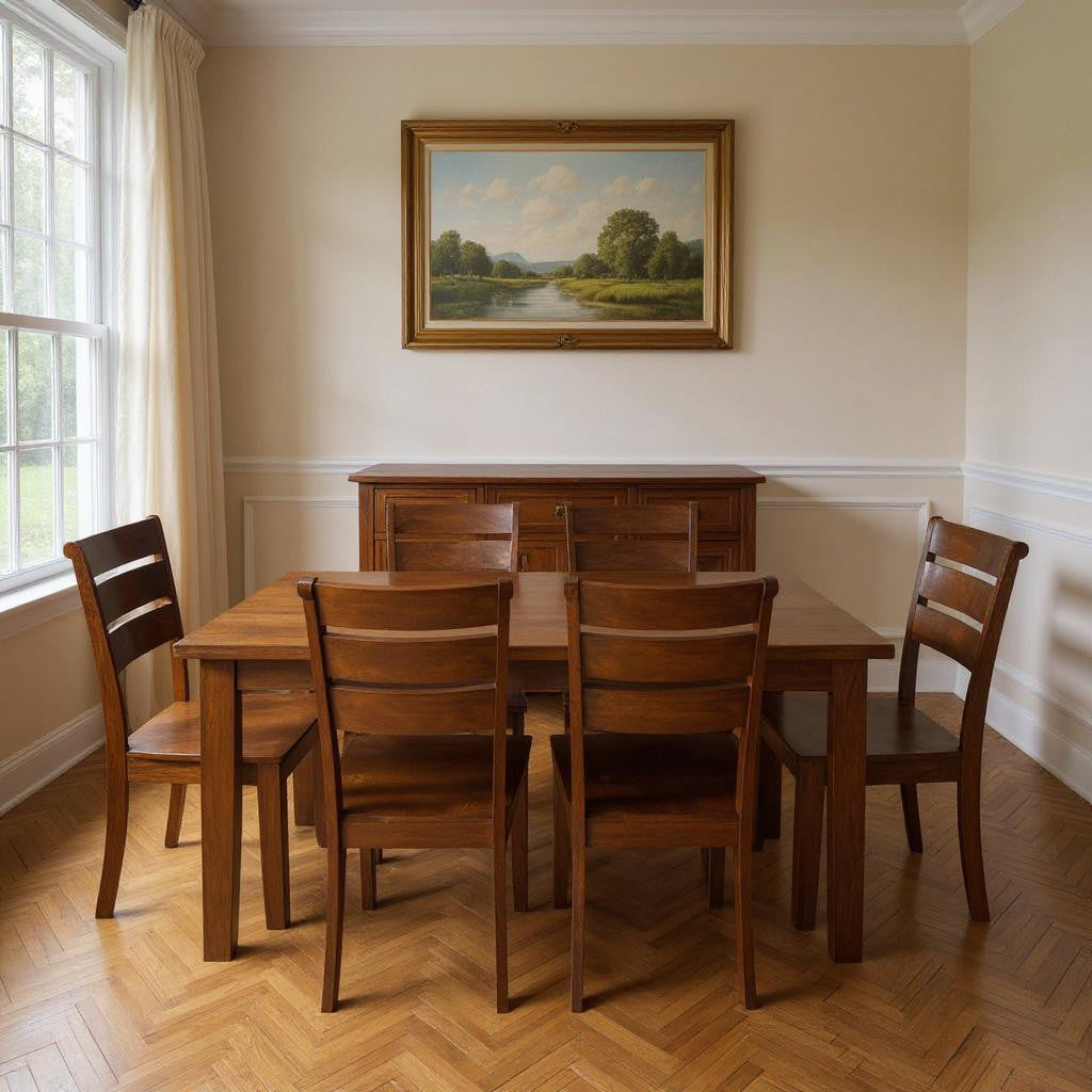 Seven Piece Brown Solid Wood Dining Set with Six Chairs