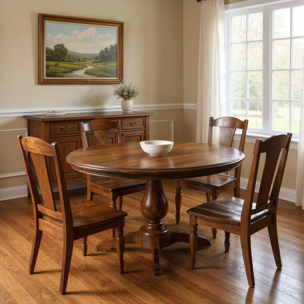 Five Piece Brown Round Solid Wood Dining Set with Four Chairs