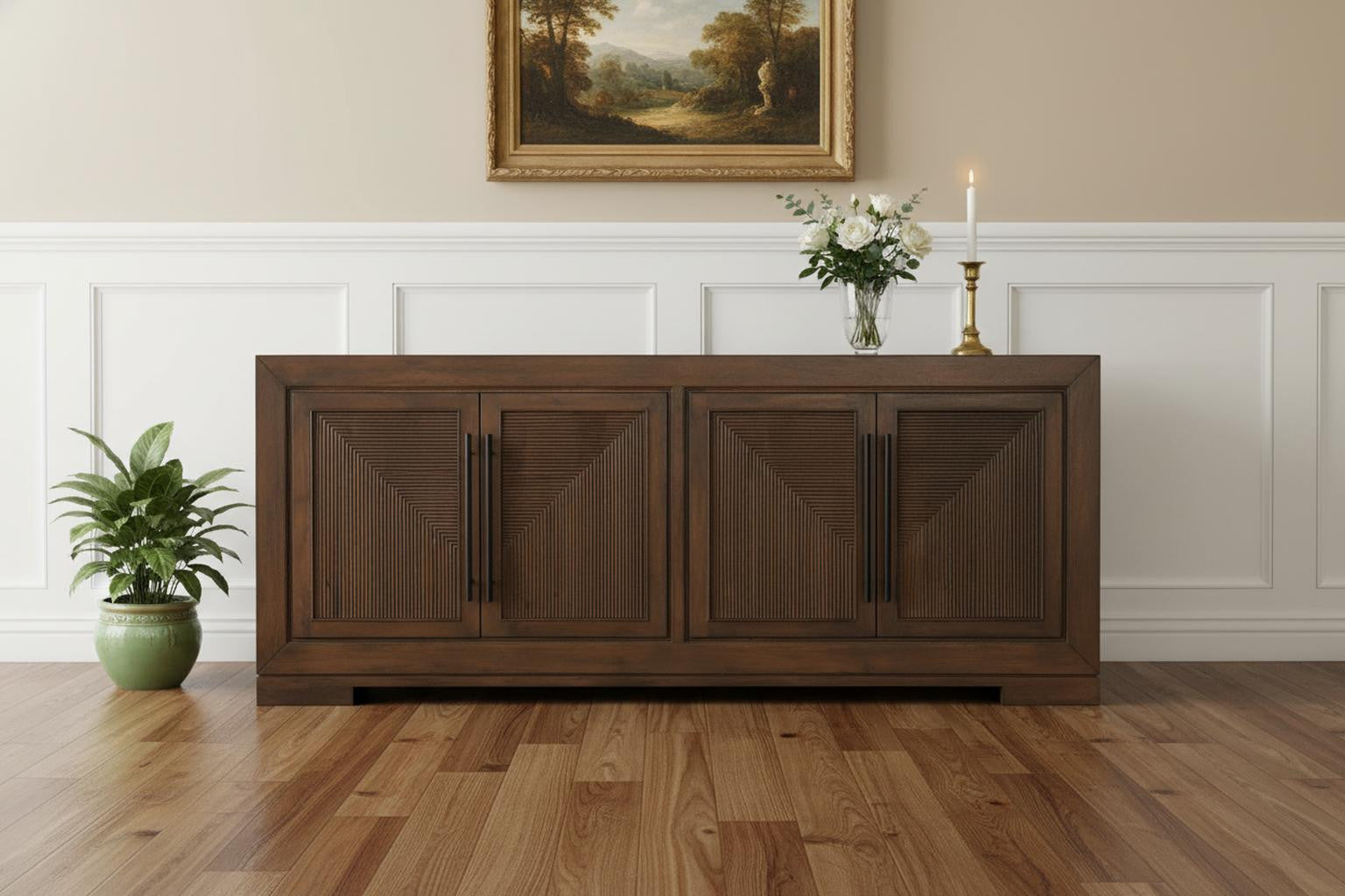 102" Dark Brown Solid Wood Sideboard with Four Doors