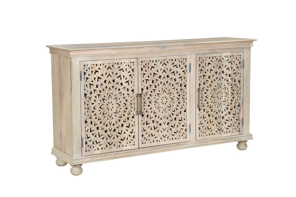 72" White Solid Wood Carved Floral Sideboard with Three Doors