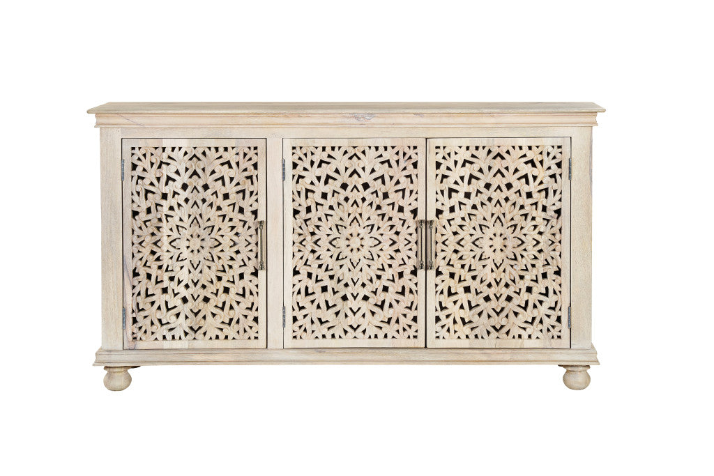 72" White Solid Wood Carved Floral Sideboard with Three Doors