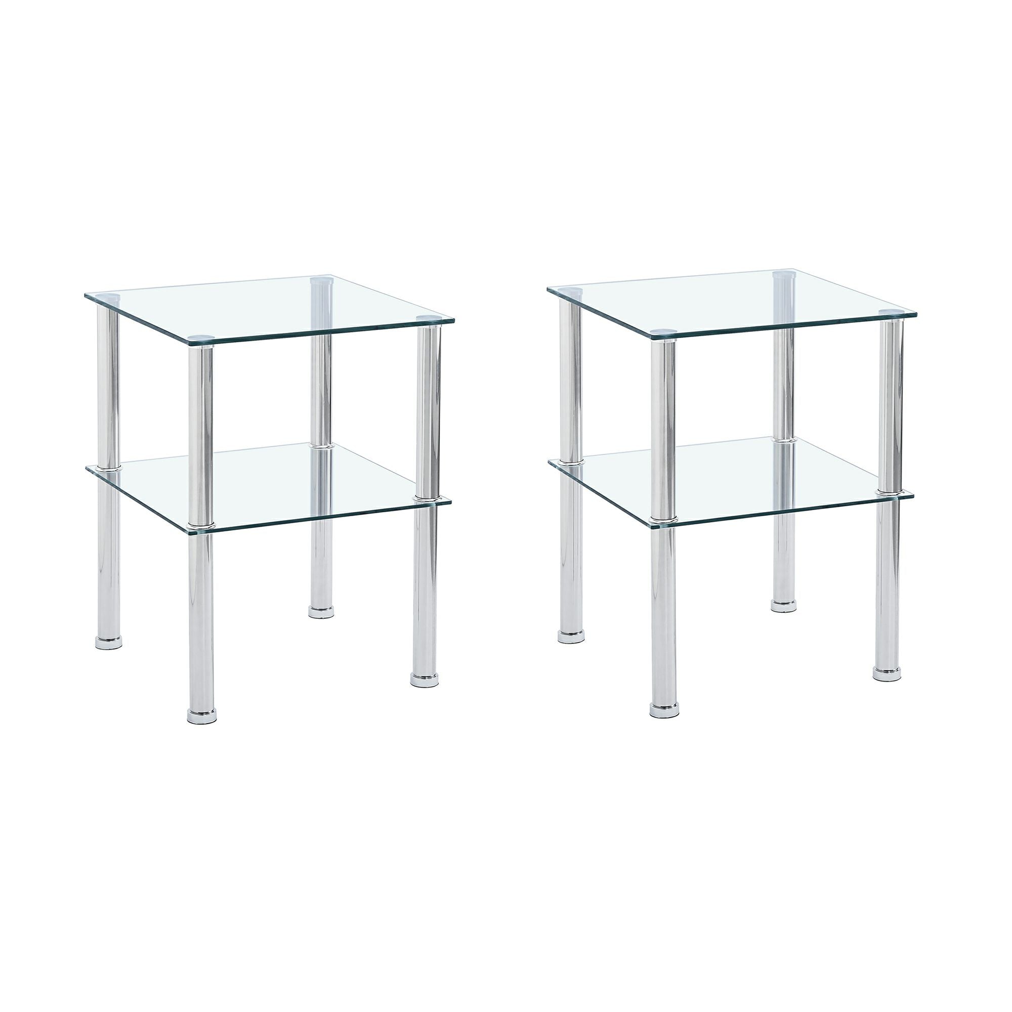 Set of Two Clear and Silver Glass and Metal Square End Tables With Shelf
