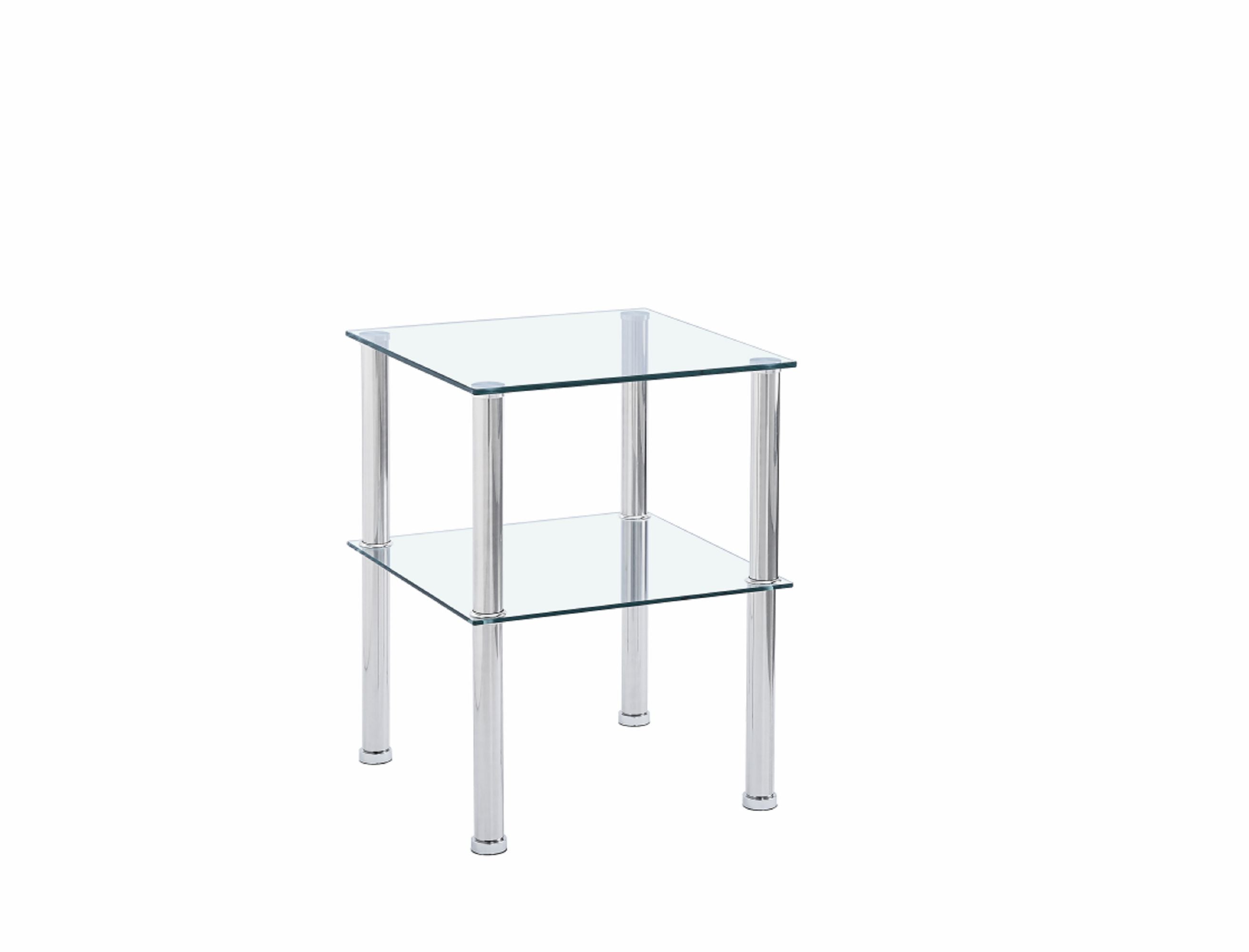 Set of Two Clear and Silver Glass and Metal Square End Tables With Shelf