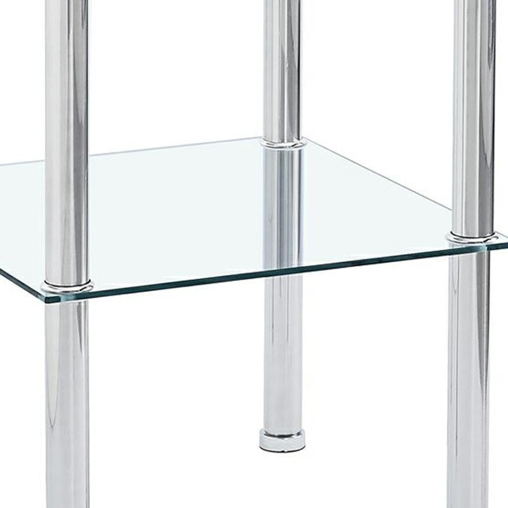 Set of Two Clear and Silver Glass and Metal Square End Tables With Shelf