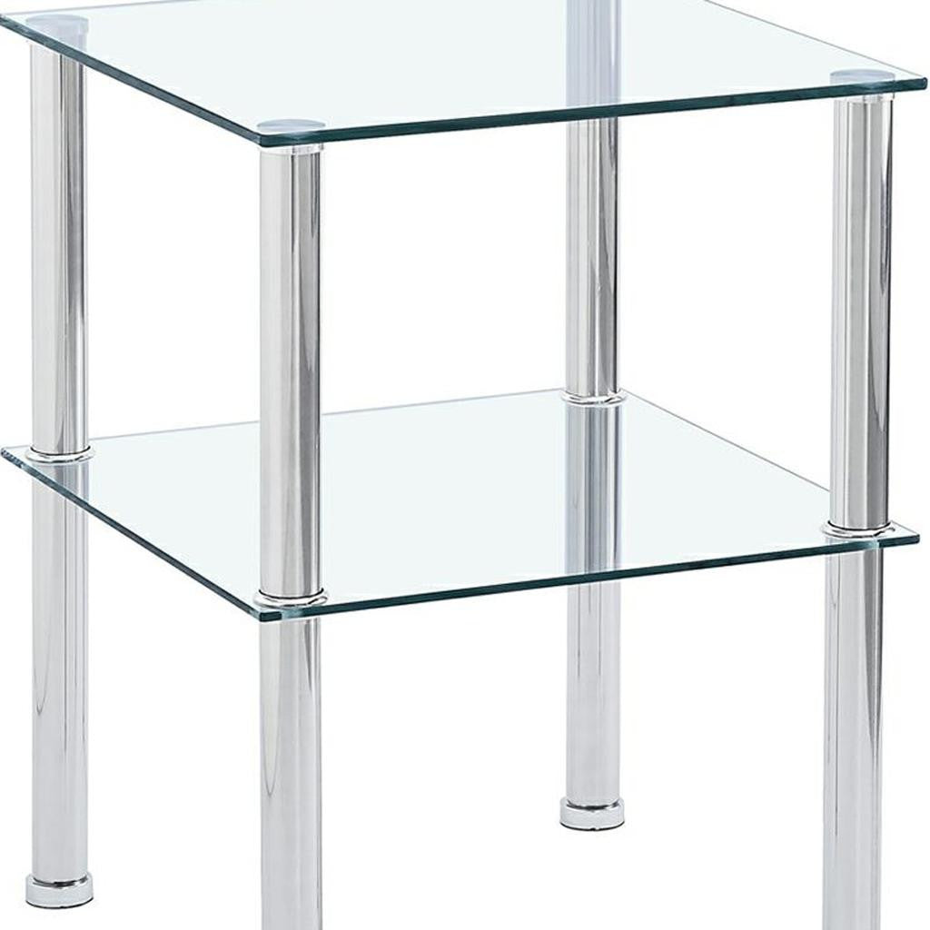 Set of Two Clear and Silver Glass and Metal Square End Tables With Shelf