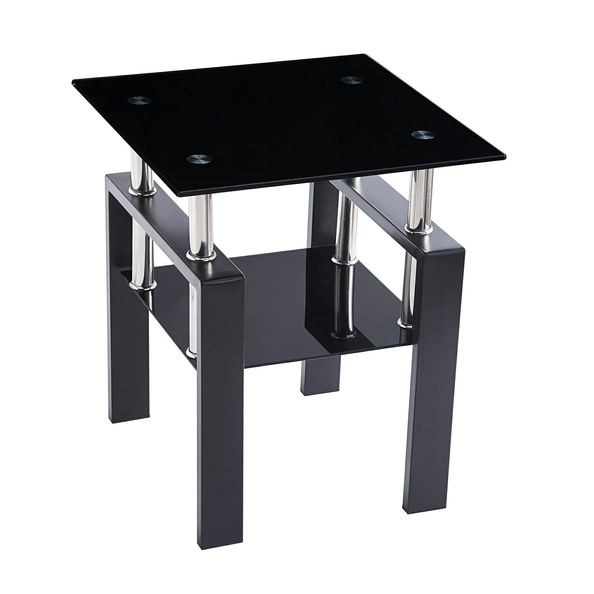 Black Glass and Metal Square End Tables With Shelf