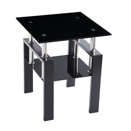 Black Glass and Metal Square End Tables With Shelf