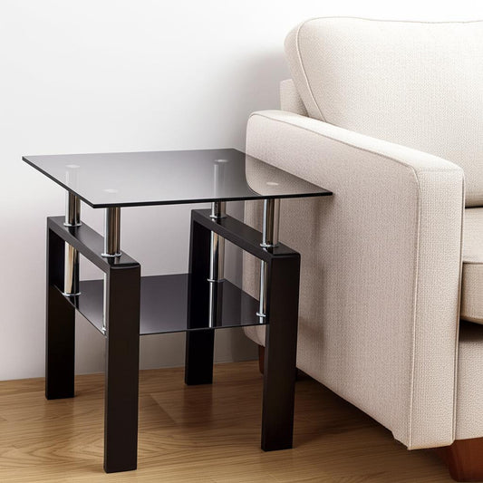 Black Glass and Metal Square End Tables With Shelf