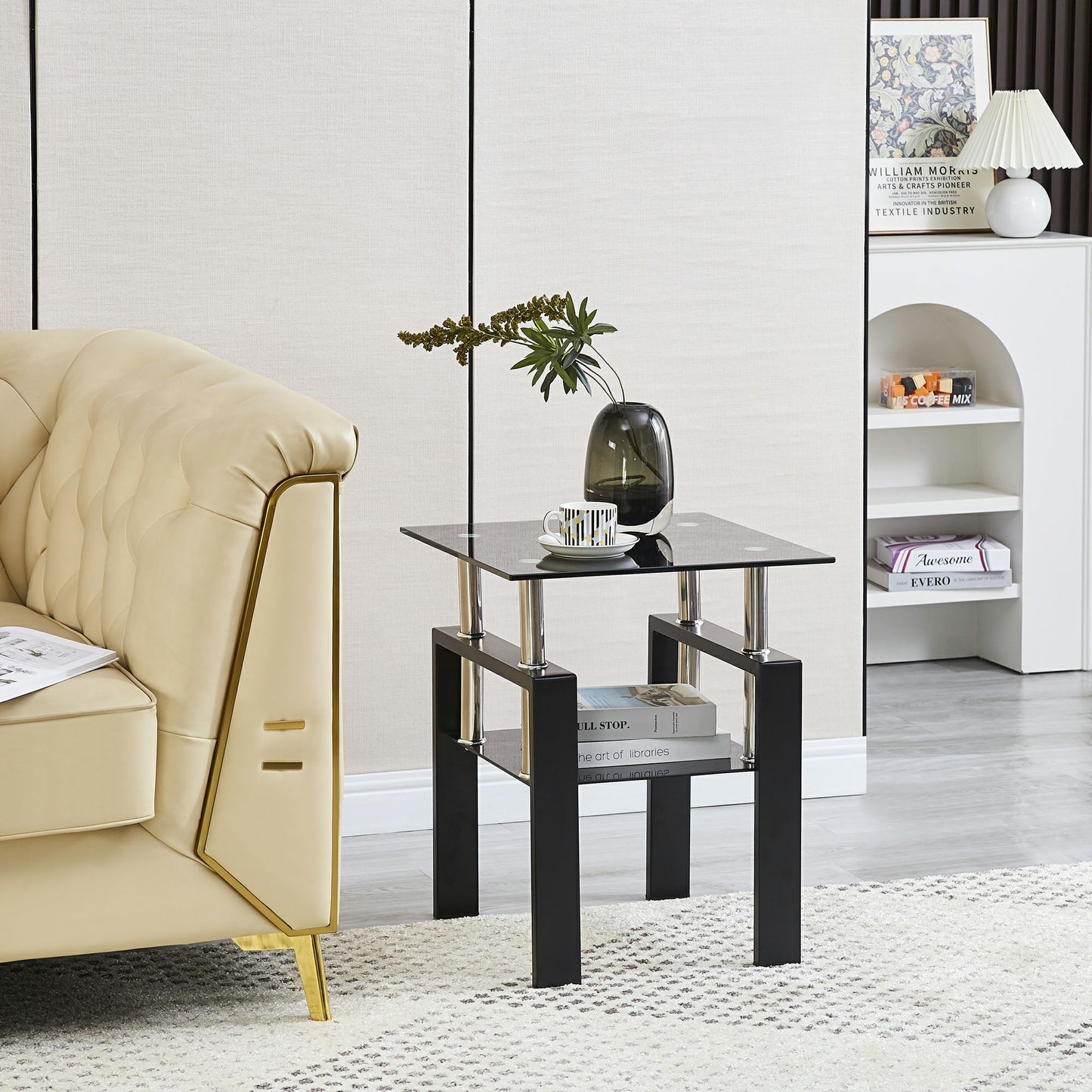 Set of Two Black Glass and Metal Square End Tables With Shelf