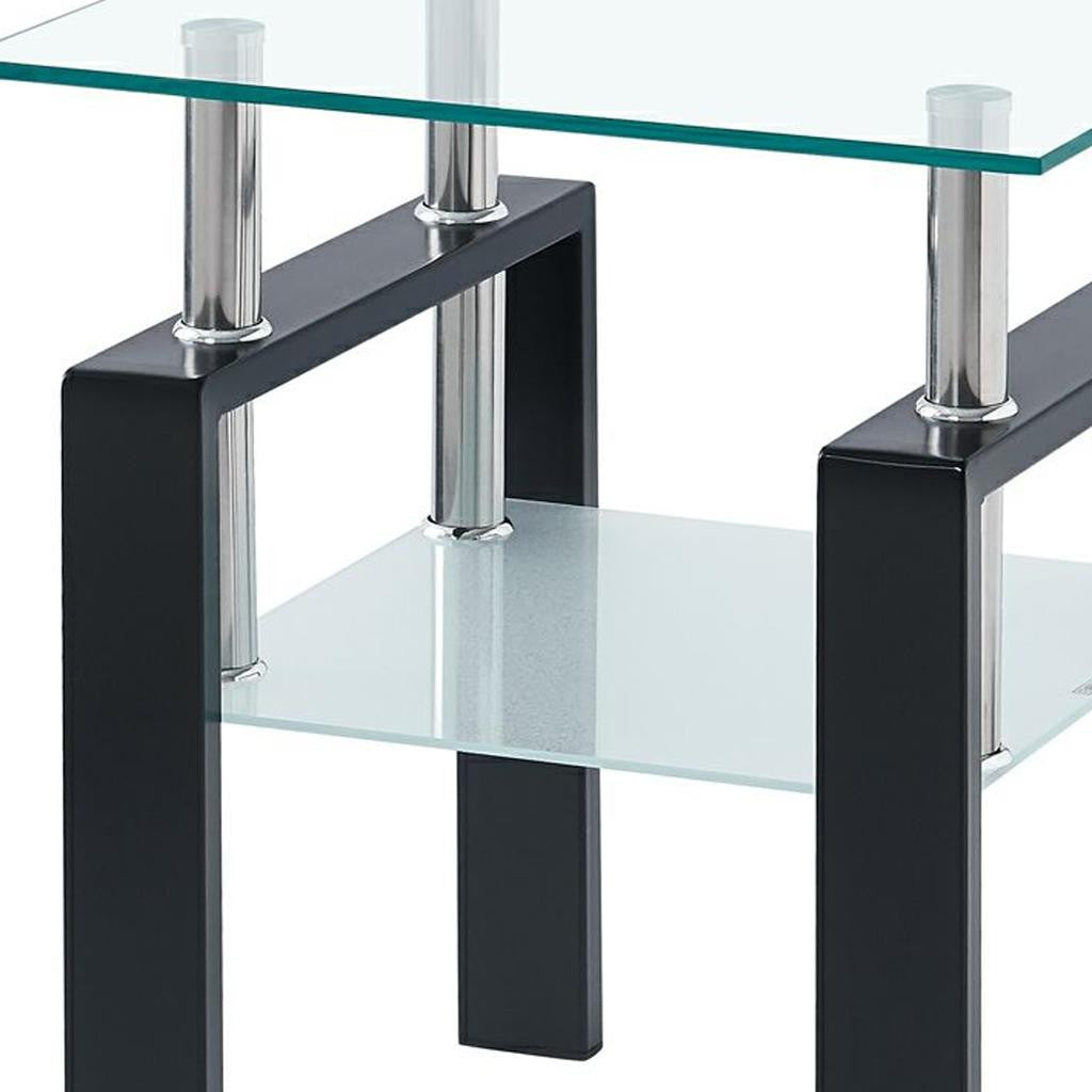 Set of Two Clear and Black Glass and Metal Square End Tables With Shelf