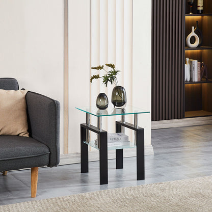 Set of Two Clear and Black Glass and Metal Square End Tables With Shelf