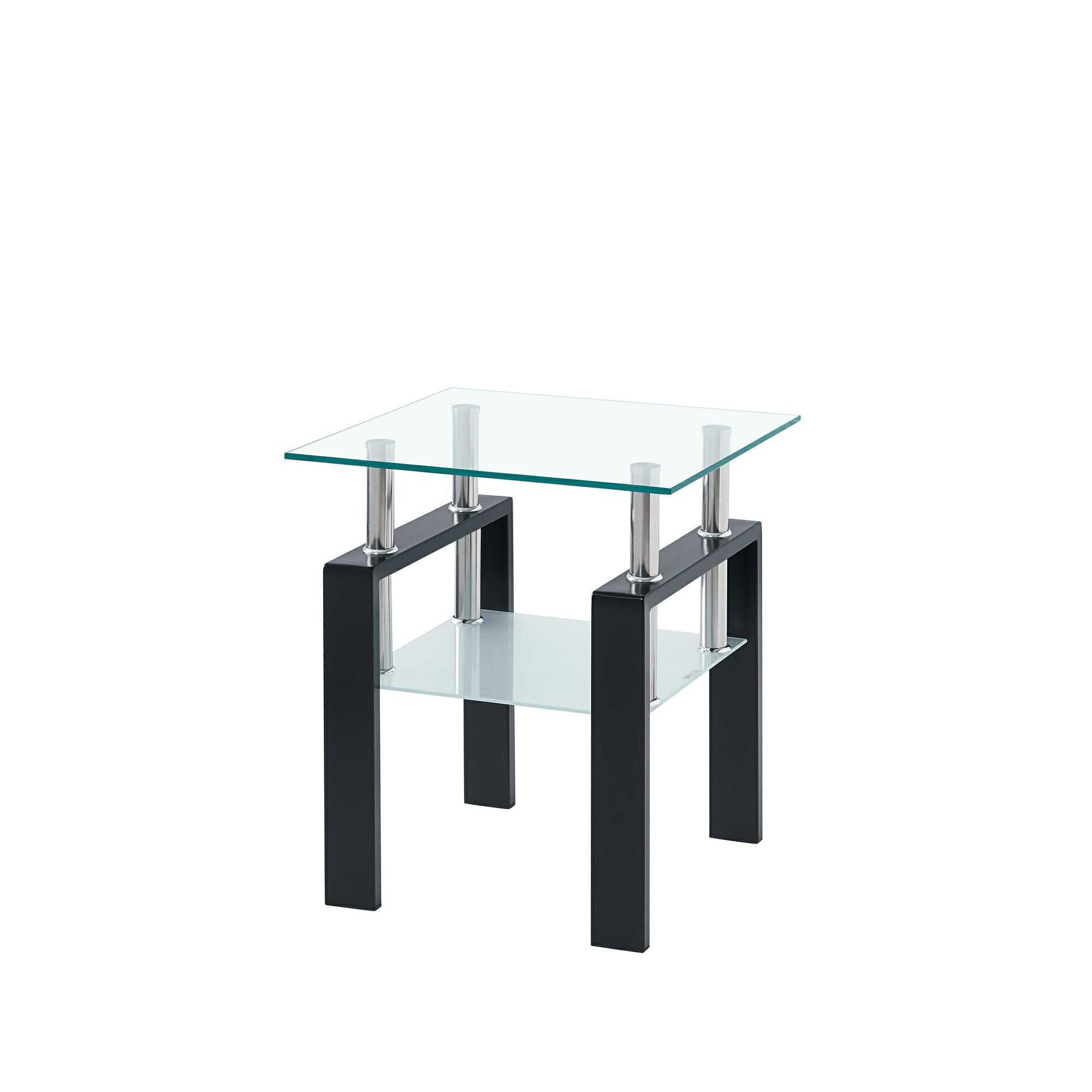 Set of Two Clear and Black Glass and Metal Square End Tables With Shelf