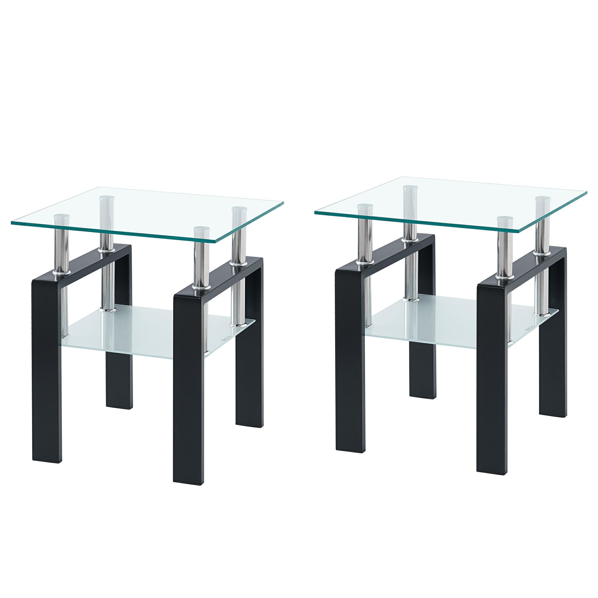 Set of Two Clear and Black Glass and Metal Square End Tables With Shelf