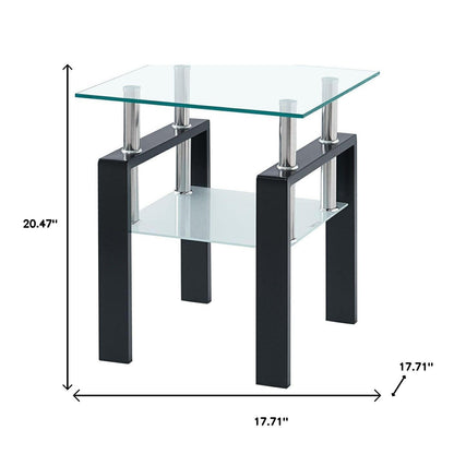 Set of Two Clear and Black Glass and Metal Square End Tables With Shelf