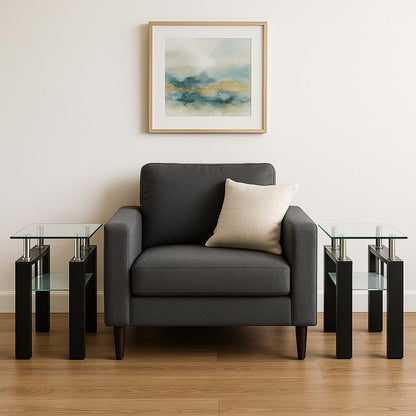 Set of Two Clear and Black Glass and Metal Square End Tables With Shelf