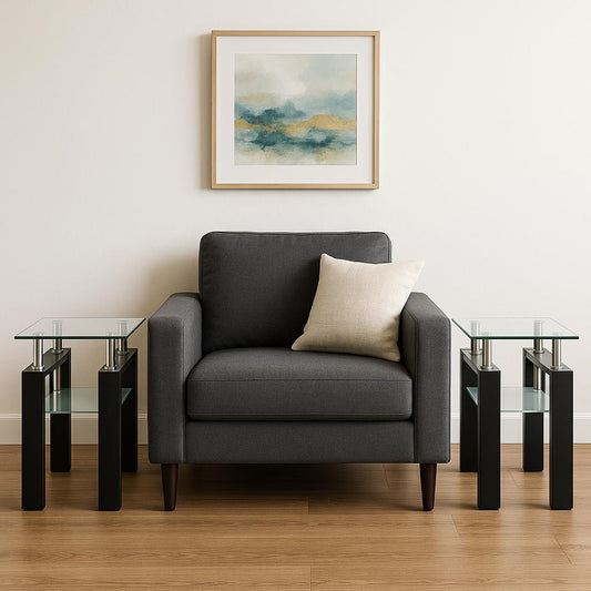 Set of Two Clear and Black Glass and Metal Square End Tables With Shelf