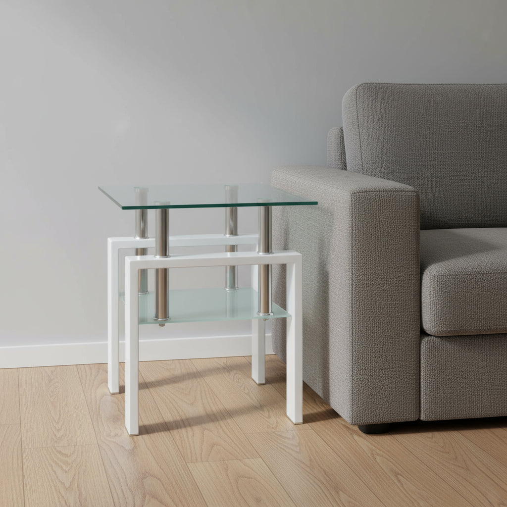 20" Clear and White Glass and Metal Square End Table With Shelf