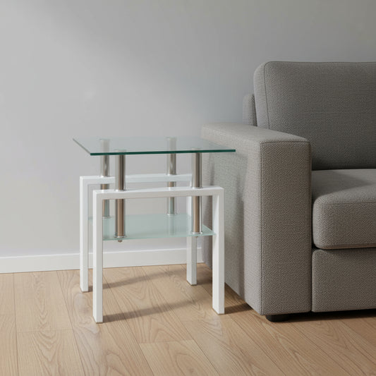 20" Clear and White Glass and Metal Square End Table With Shelf