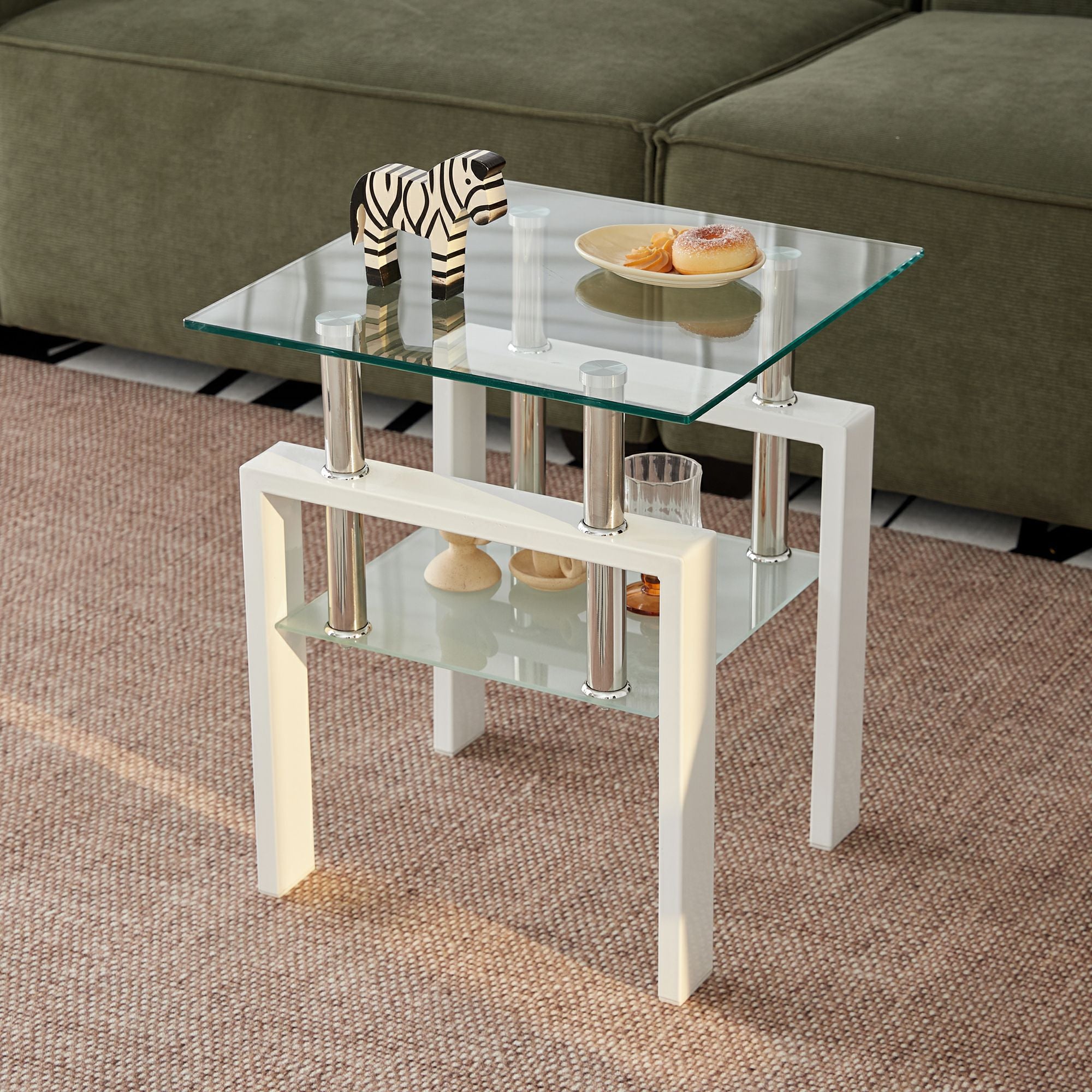 20" Clear and White Glass and Metal Square End Table With Shelf