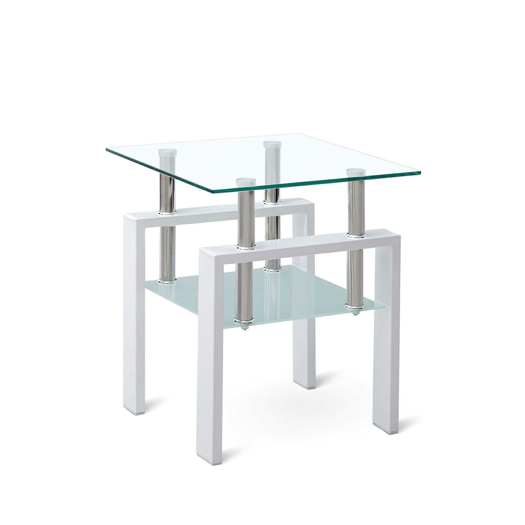 20" Clear and White Glass and Metal Square End Table With Shelf