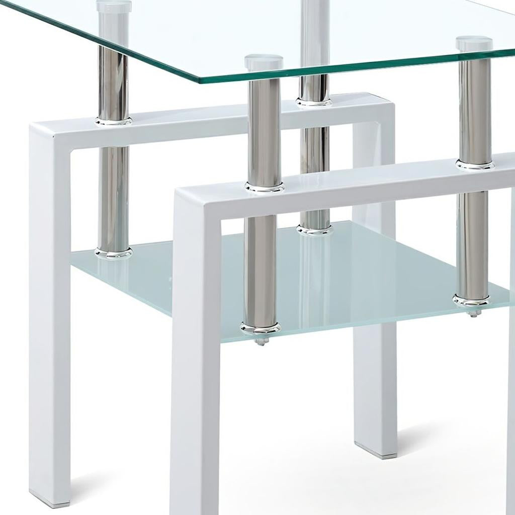 20" Clear and White Glass and Metal Square End Table With Shelf