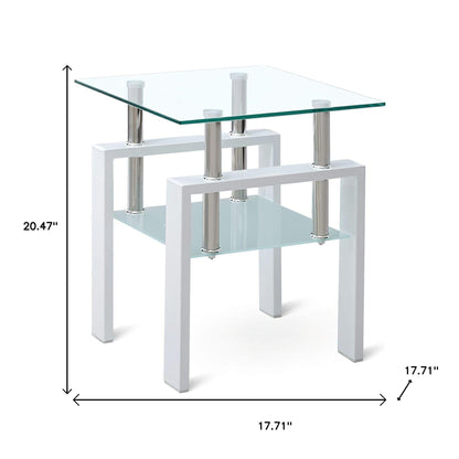 20" Clear and White Glass and Metal Square End Table With Shelf