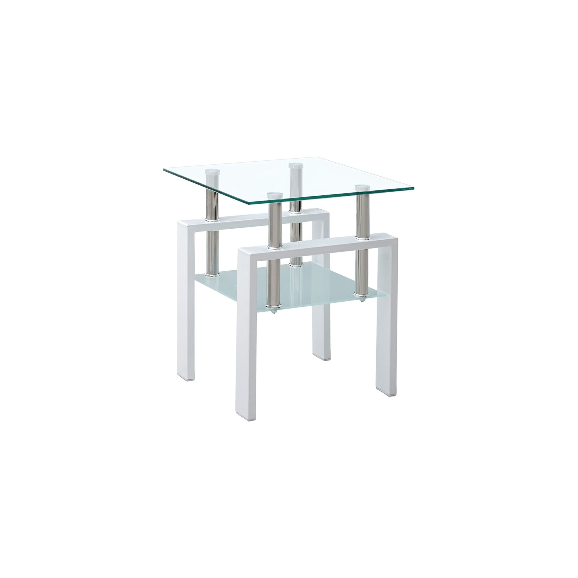 Set of Two Clear and White Glass and Metal Square End Tables With Shelf
