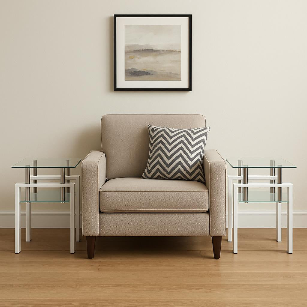 Set of Two Clear and White Glass and Metal Square End Tables With Shelf