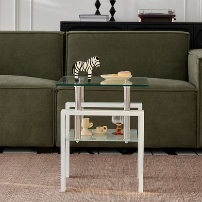 Set of Two Clear and White Glass and Metal Square End Tables With Shelf