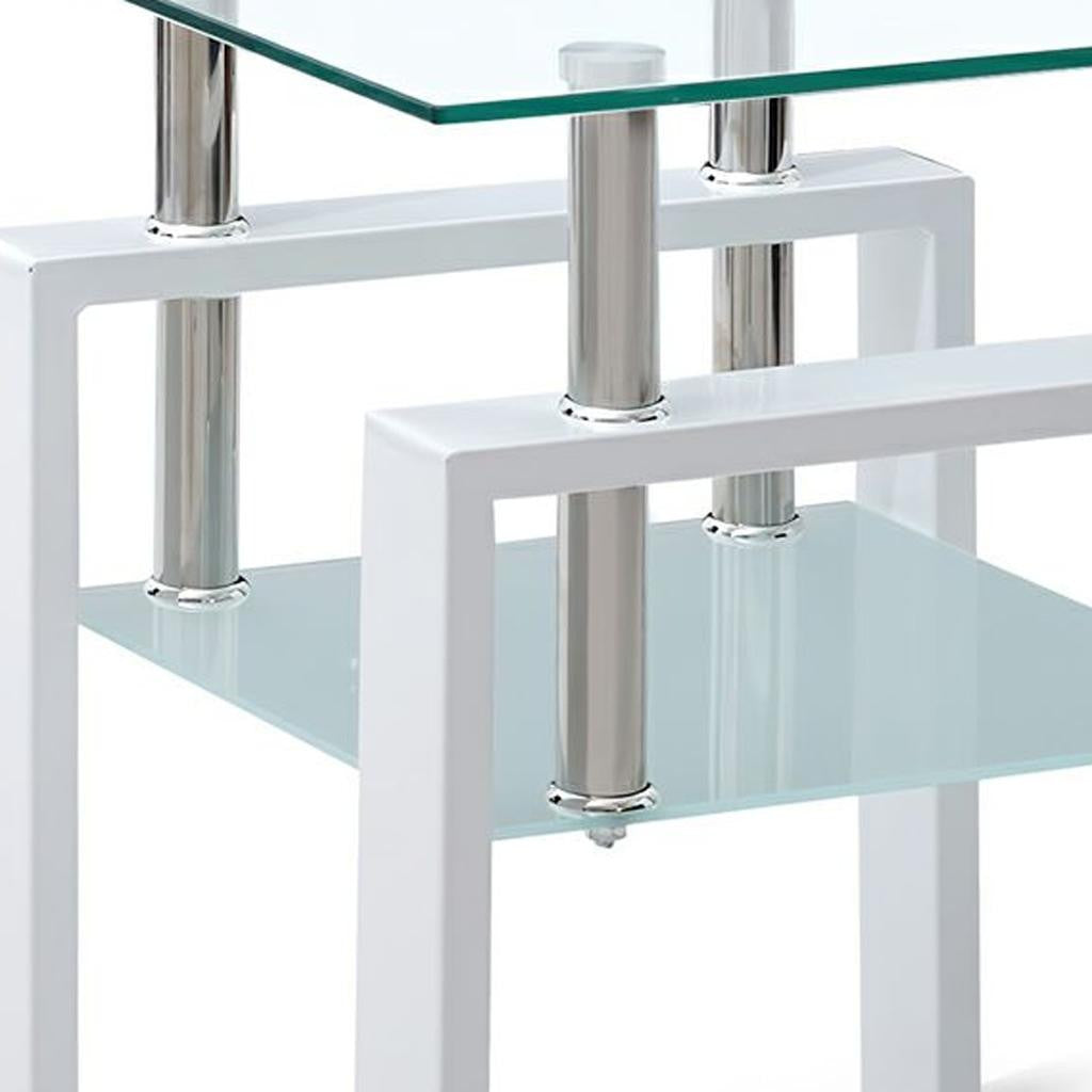 Set of Two Clear and White Glass and Metal Square End Tables With Shelf