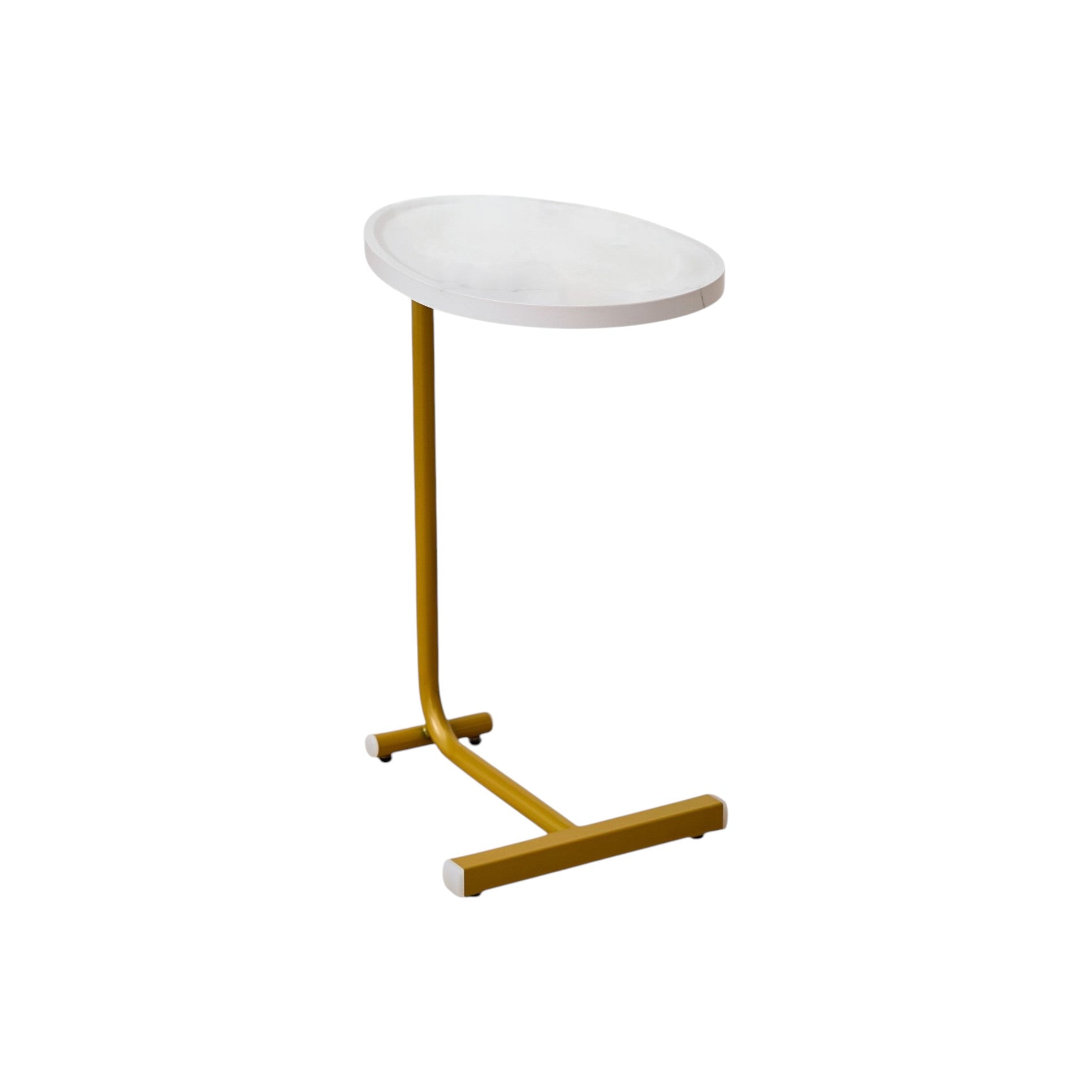 Set of Two White and Gold Faux Marble and Metal Oval End Tables