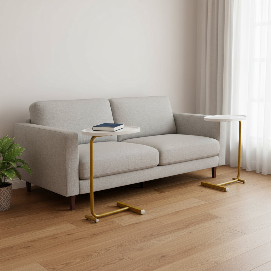 Set of Two White and Gold Faux Marble and Metal Oval End Tables