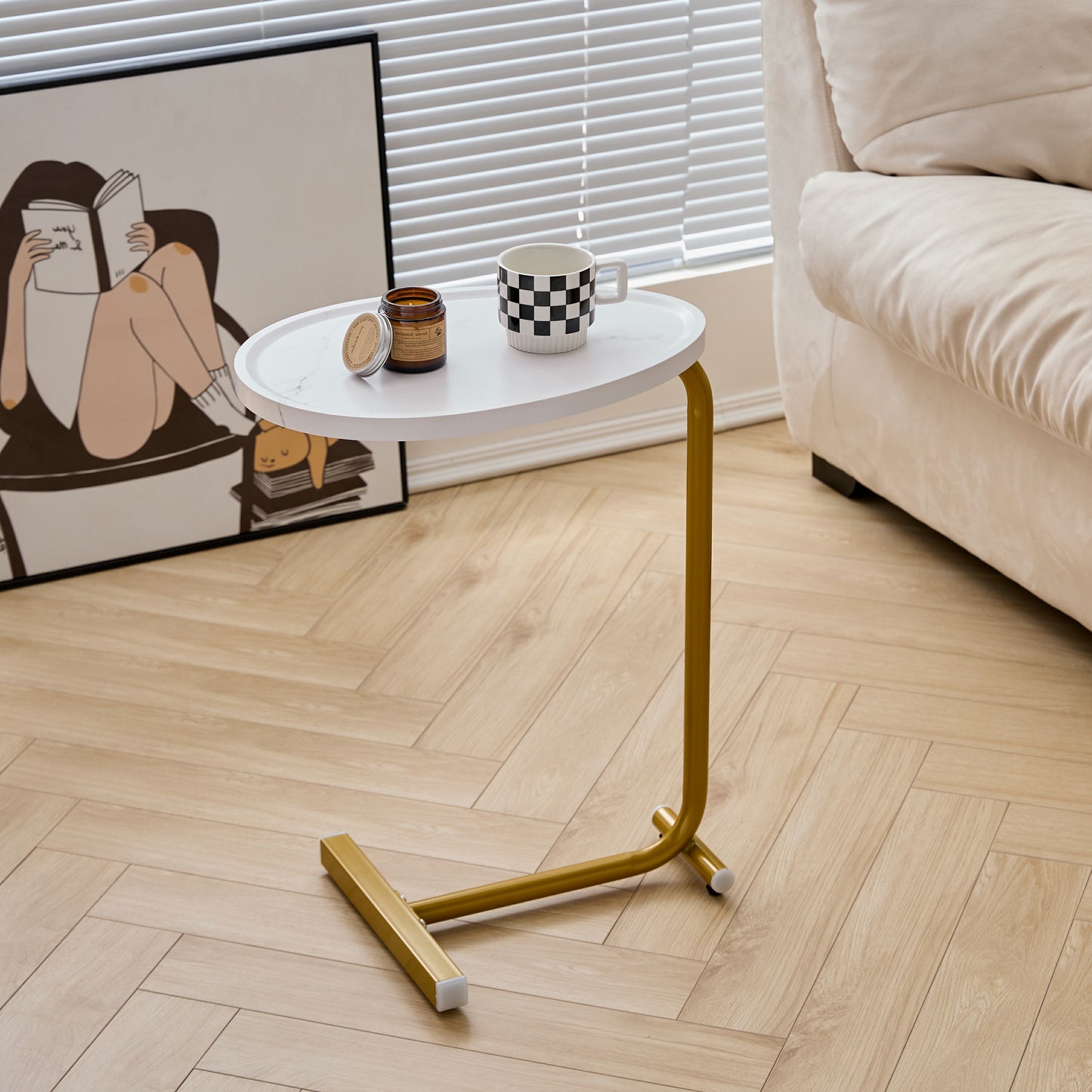 Set of Two White and Gold Faux Marble and Metal Oval End Tables