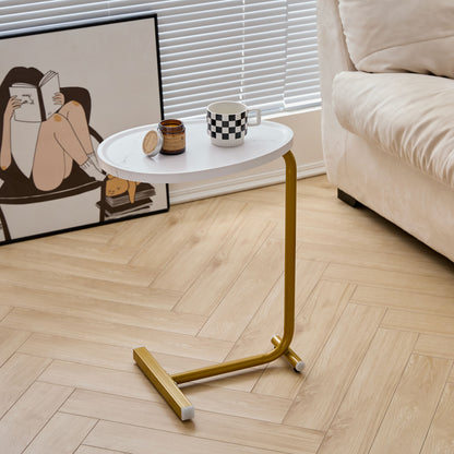 Set of Two White and Gold Faux Marble and Metal Oval End Tables