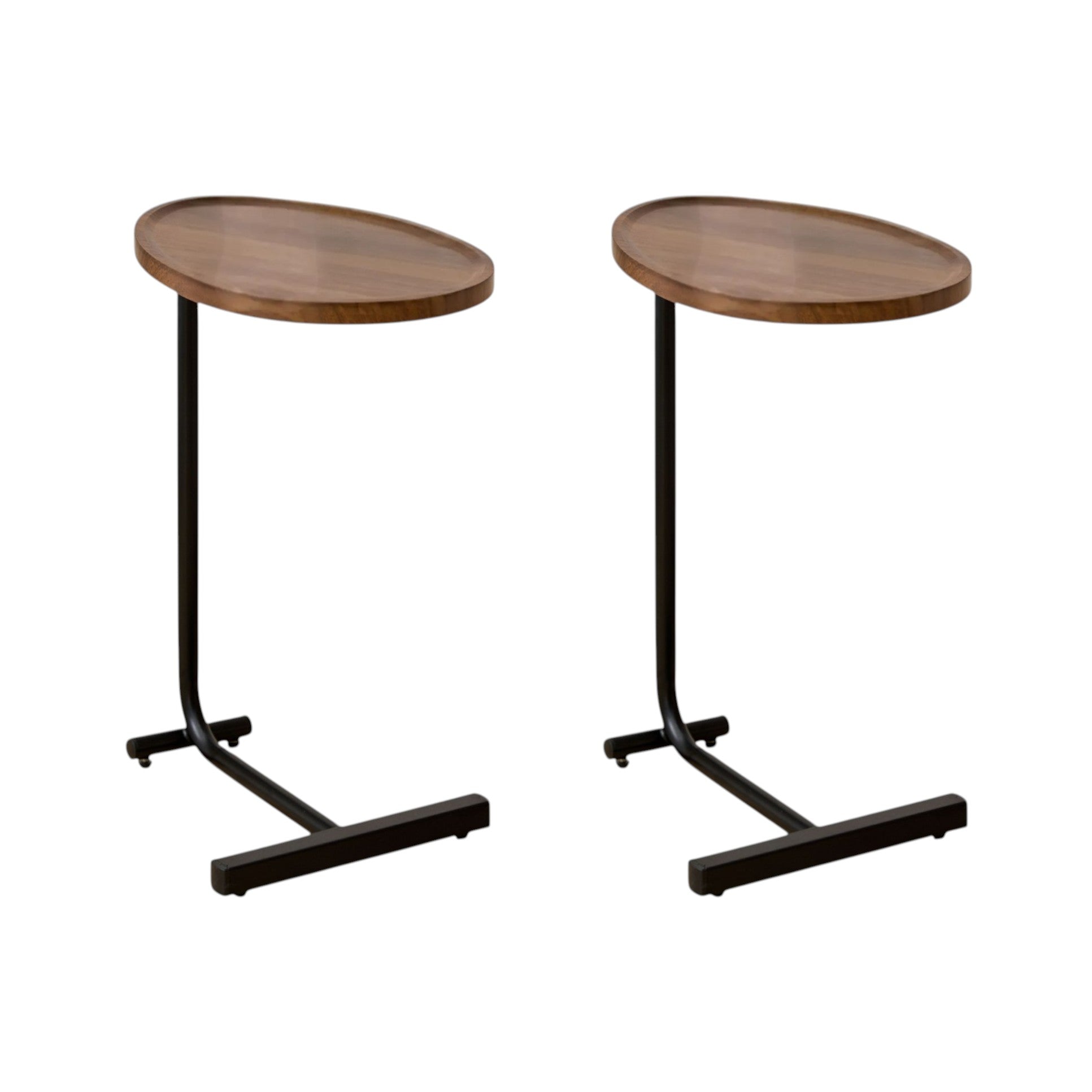 Set of Two Brown and Black Wood and Metal Oval End Tables