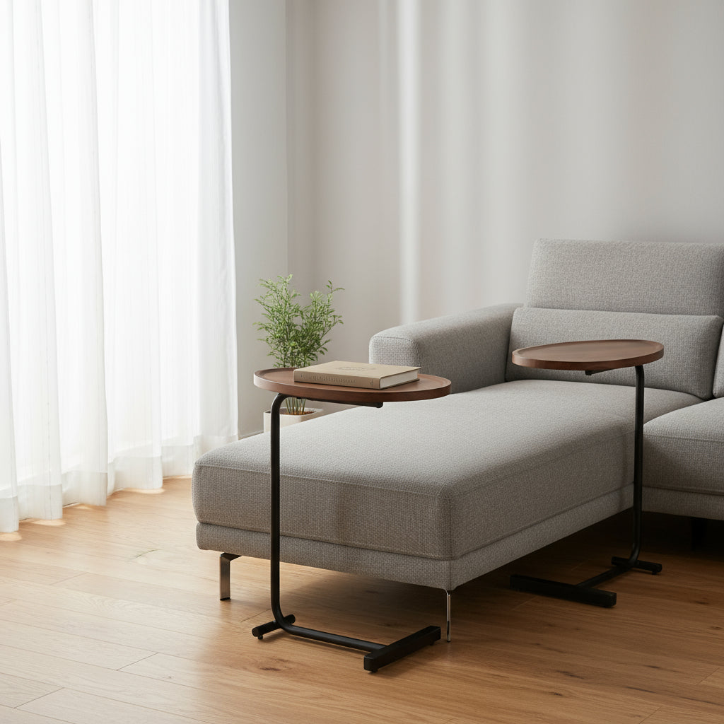 Set of Two Brown and Black Wood and Metal Oval End Tables