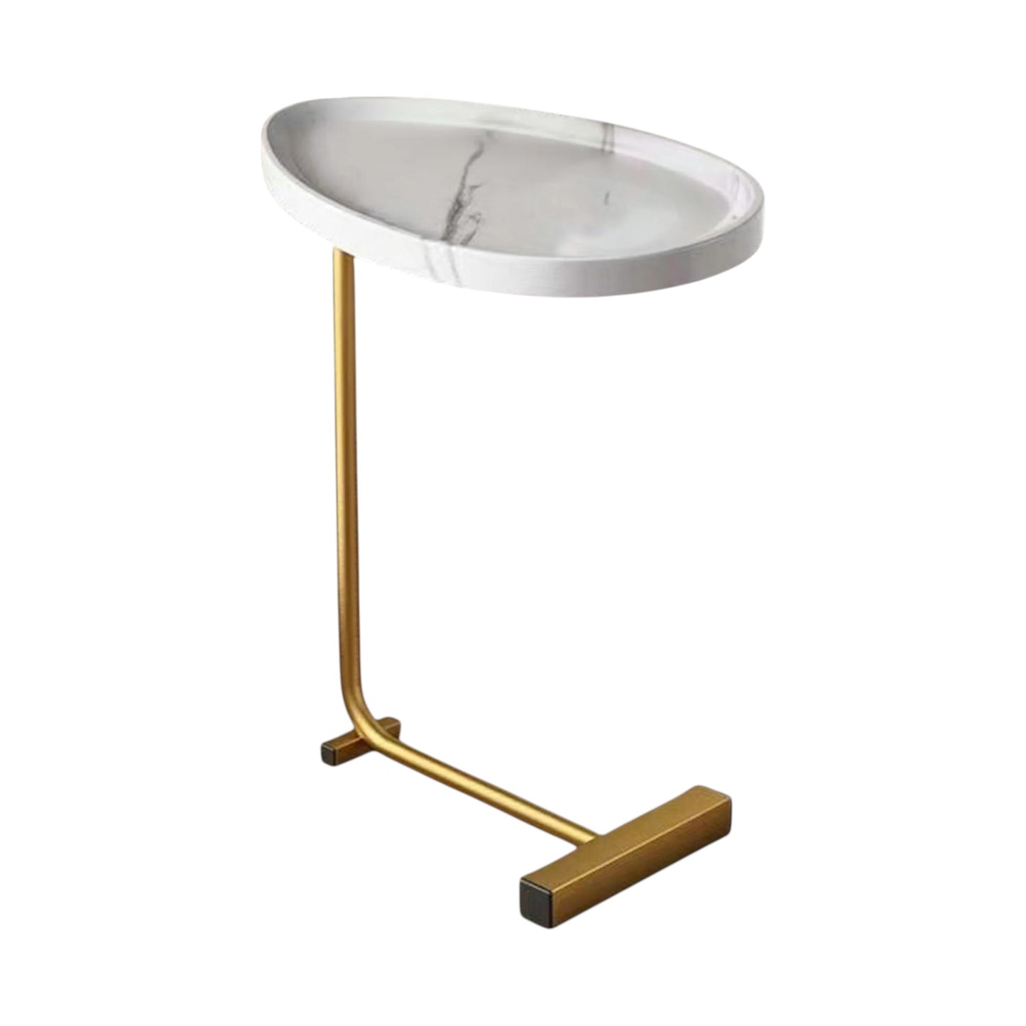 Set of Two White and Gold Faux Marble and Metal Oval End Tables