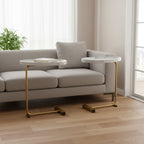 Set of Two White and Gold Faux Marble and Metal Oval End Tables