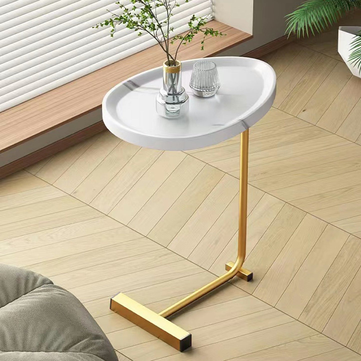 Set of Two White and Gold Faux Marble and Metal Oval End Tables