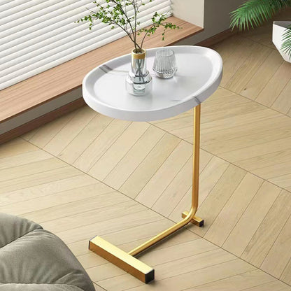 Set of Two White and Gold Faux Marble and Metal Oval End Tables