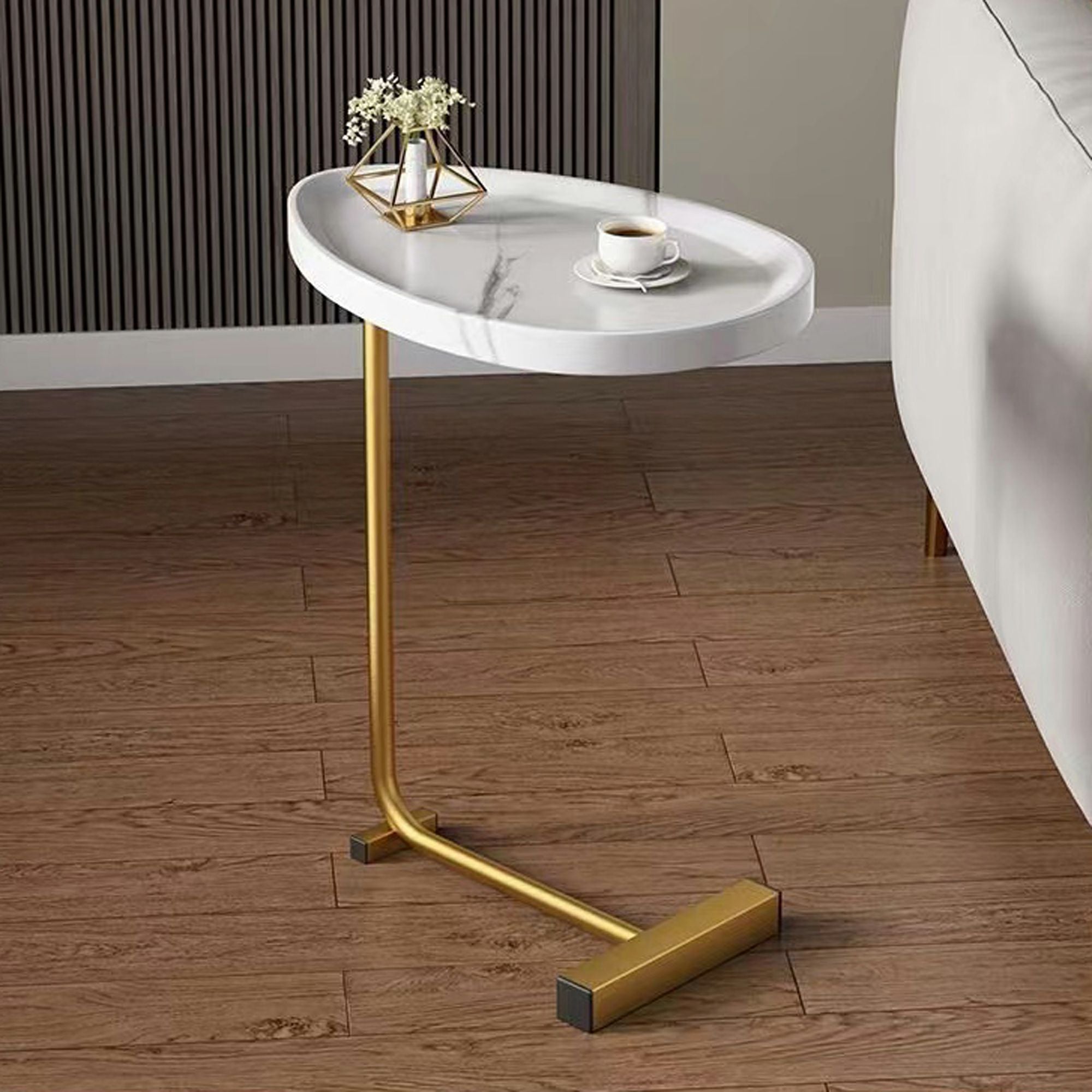 Set of Two White and Gold Faux Marble and Metal Oval End Tables